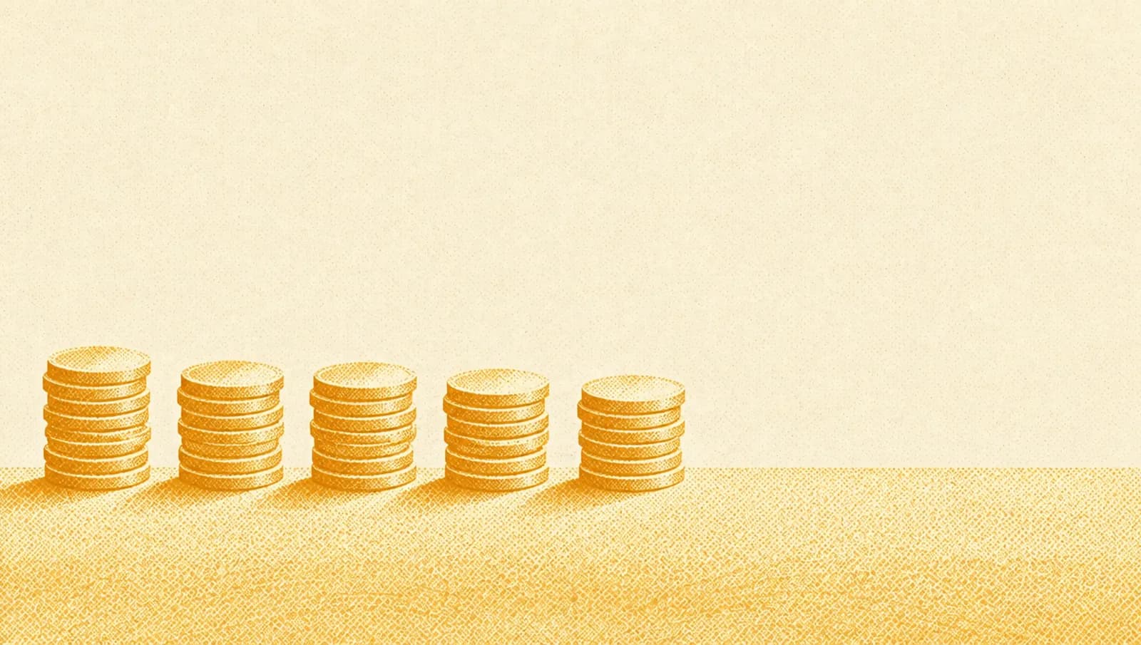 Ochre illustration: a row of coins split into several equal small stacks lined up on a table.