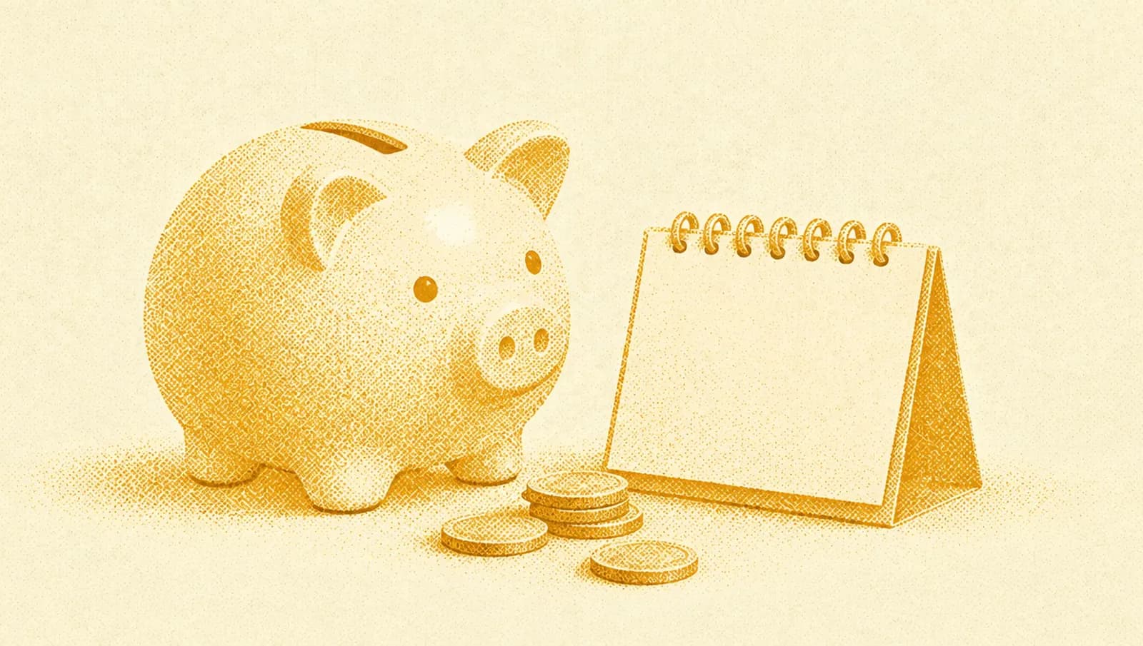 Ochre illustration: a ceramic piggy bank beside a small blank desk calendar and a few coins.