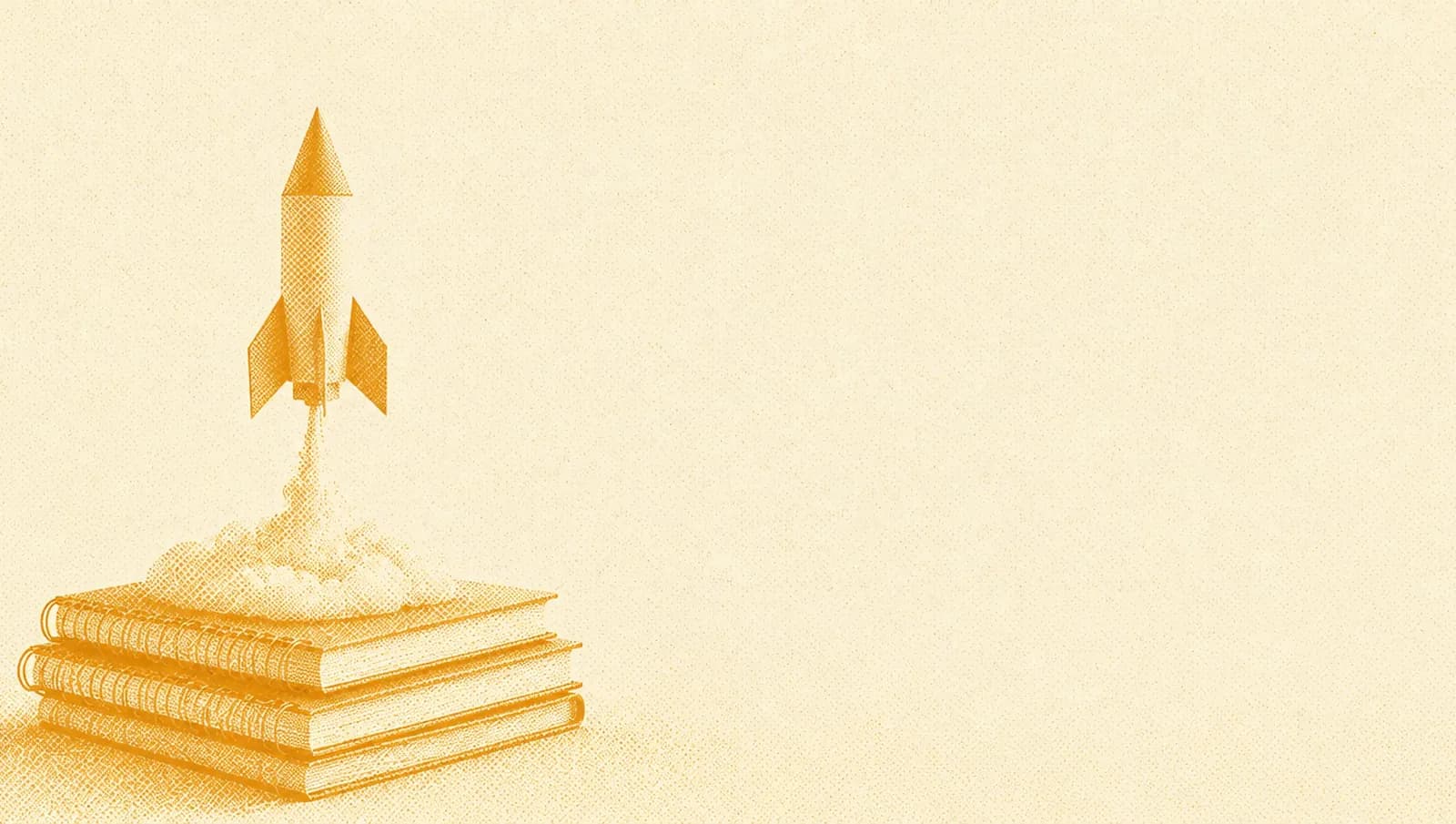 Illustrazione in toni ocra: un piccolo razzo di carta su una rampa di lancio fatta di quaderni impilati, con una sottile scia di fumo alla base.