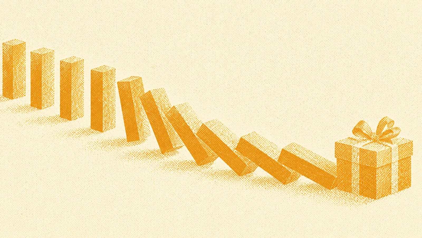 Illustrazione in toni ocra: una fila curva di tessere del domino in legno che cadono una dopo l'altra verso un piccolo pacco regalo alla fine.
