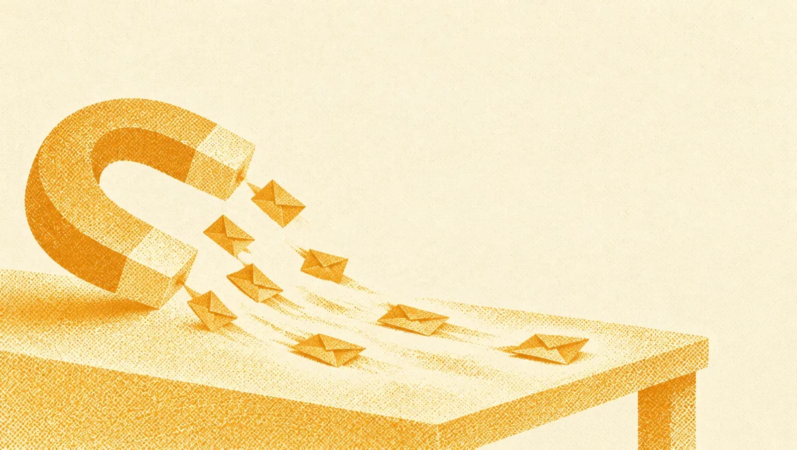 Illustrazione in toni ocra: una grande calamita a ferro di cavallo su un tavolo che attira a sé piccole buste di carta.
