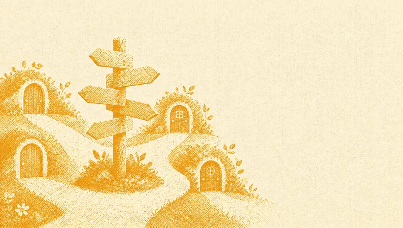 Illustrazione in toni ocra: un cartello di legno alla fine di un vialetto di giardino con diverse frecce senza scritte che indicano piccole porte diverse.