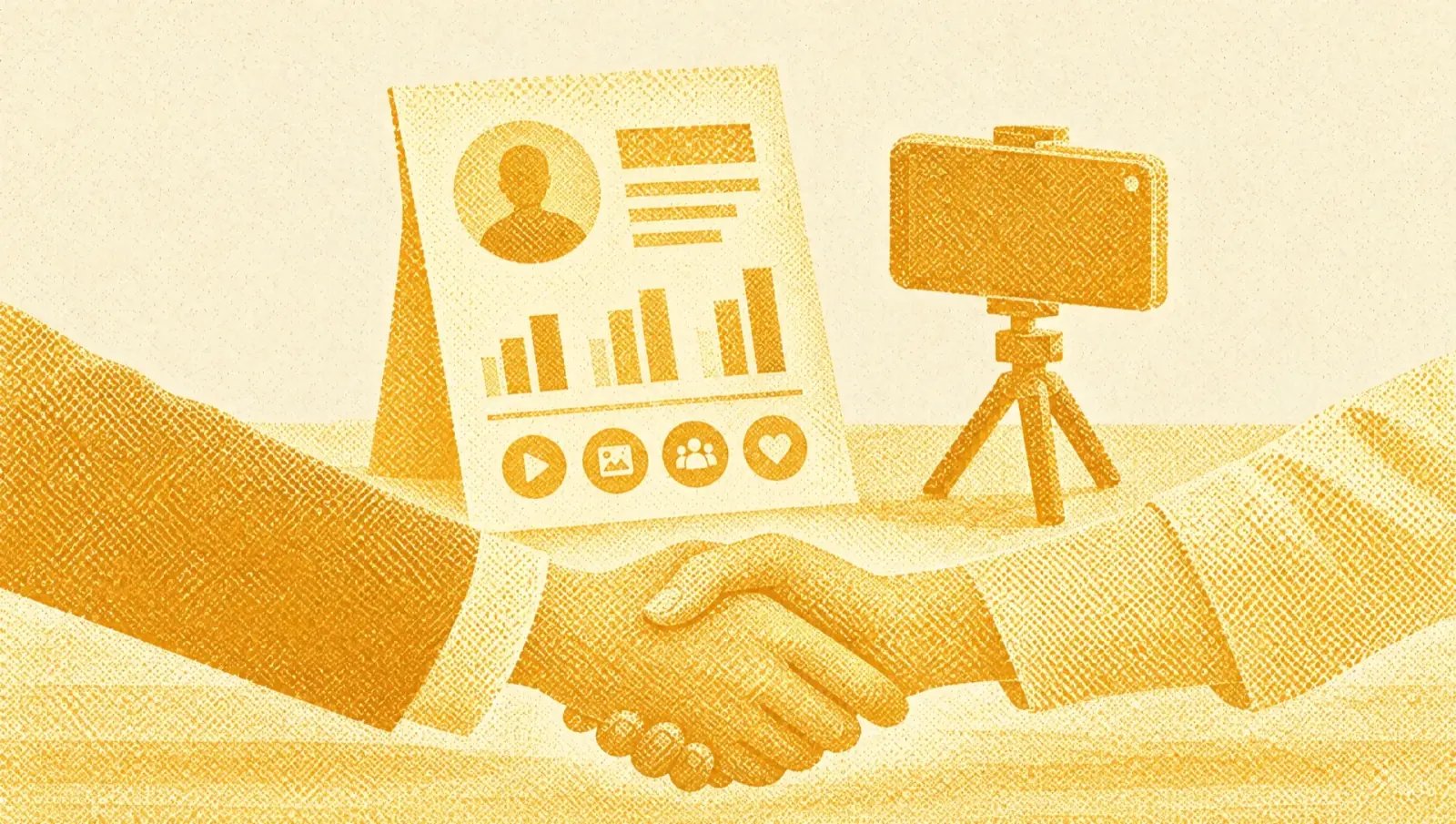 Illustrazione in toni ocra: due mani che si stringono sopra un tavolo, in mezzo un media kit di una pagina appoggiato in verticale e uno smartphone su un mini cavalletto.
