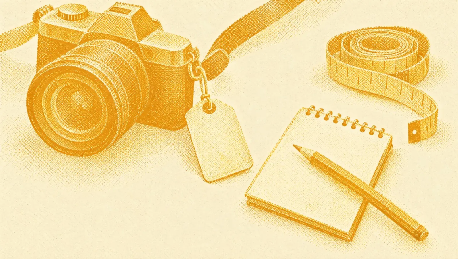 Illustrazione in toni ocra: un cartellino del prezzo appeso alla tracolla di una fotocamera, accanto a un metro da sarta e a un blocchetto con una matita.