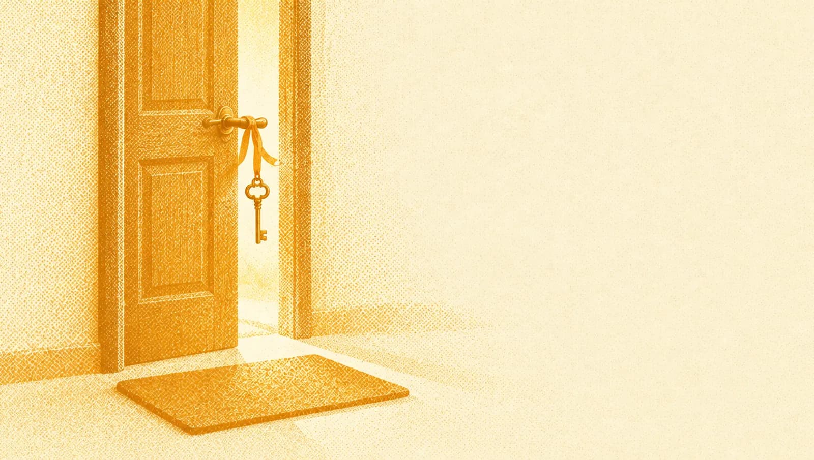 Ochre illustration: a wooden door left ajar with warm light behind it, a brass key hanging from the handle on a ribbon and a small welcome mat in front.