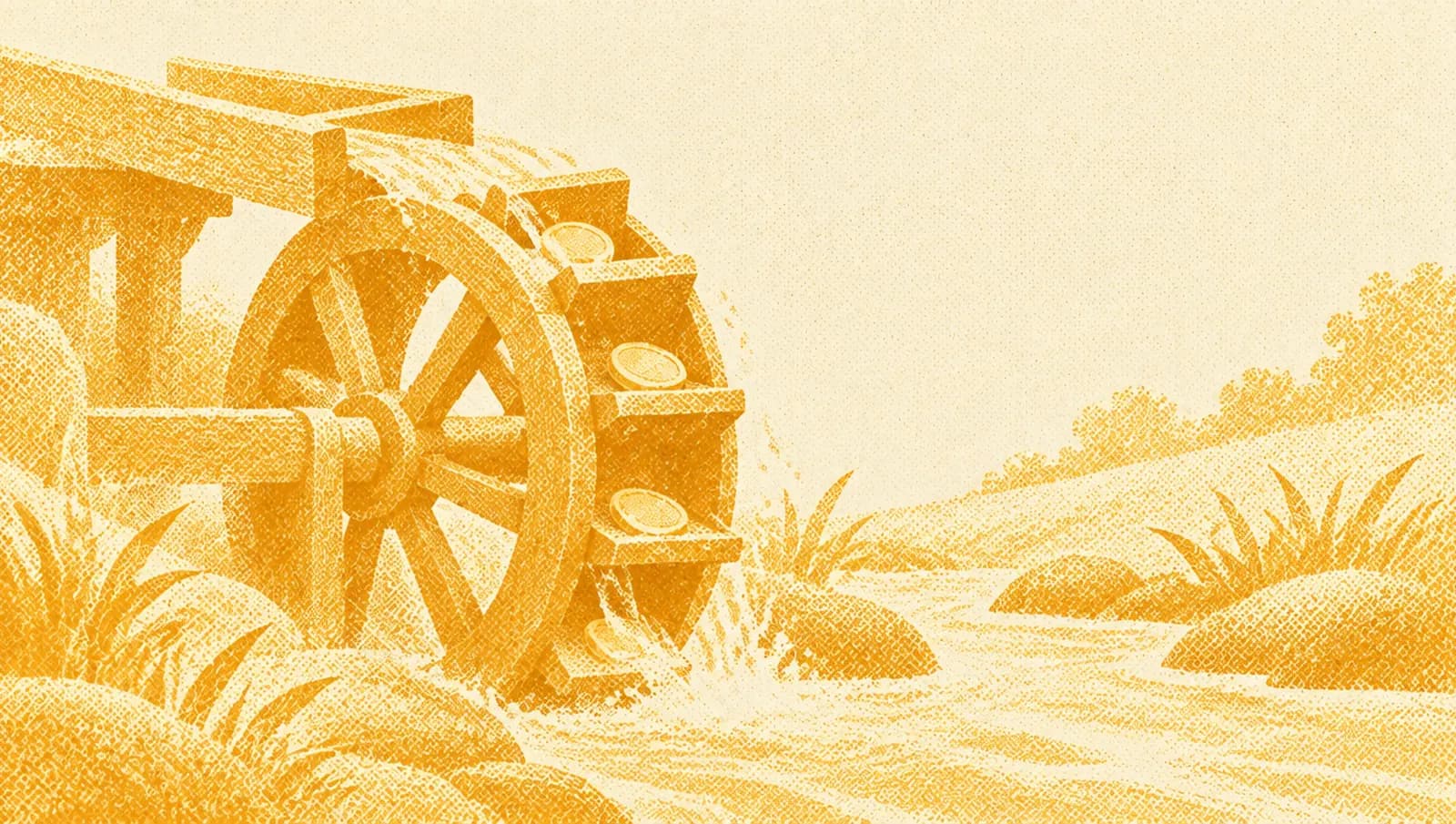Ochre illustration: a small wooden water wheel turning beside a gentle stream, with a few coins resting in its paddles.