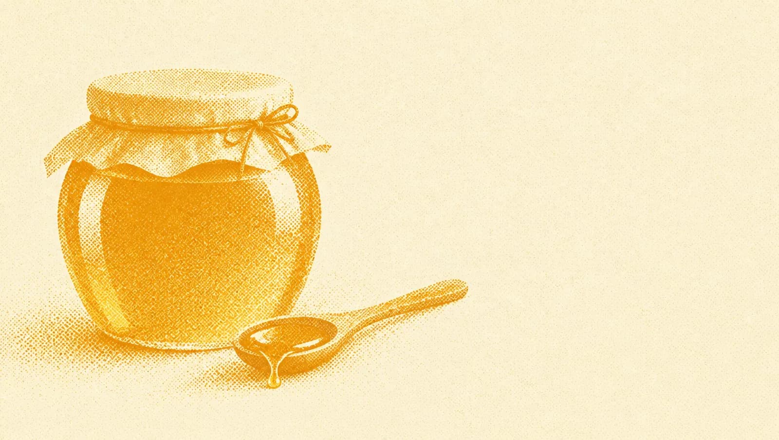 Ochre illustration: a tiny tasting spoon of honey resting next to a large honey jar.