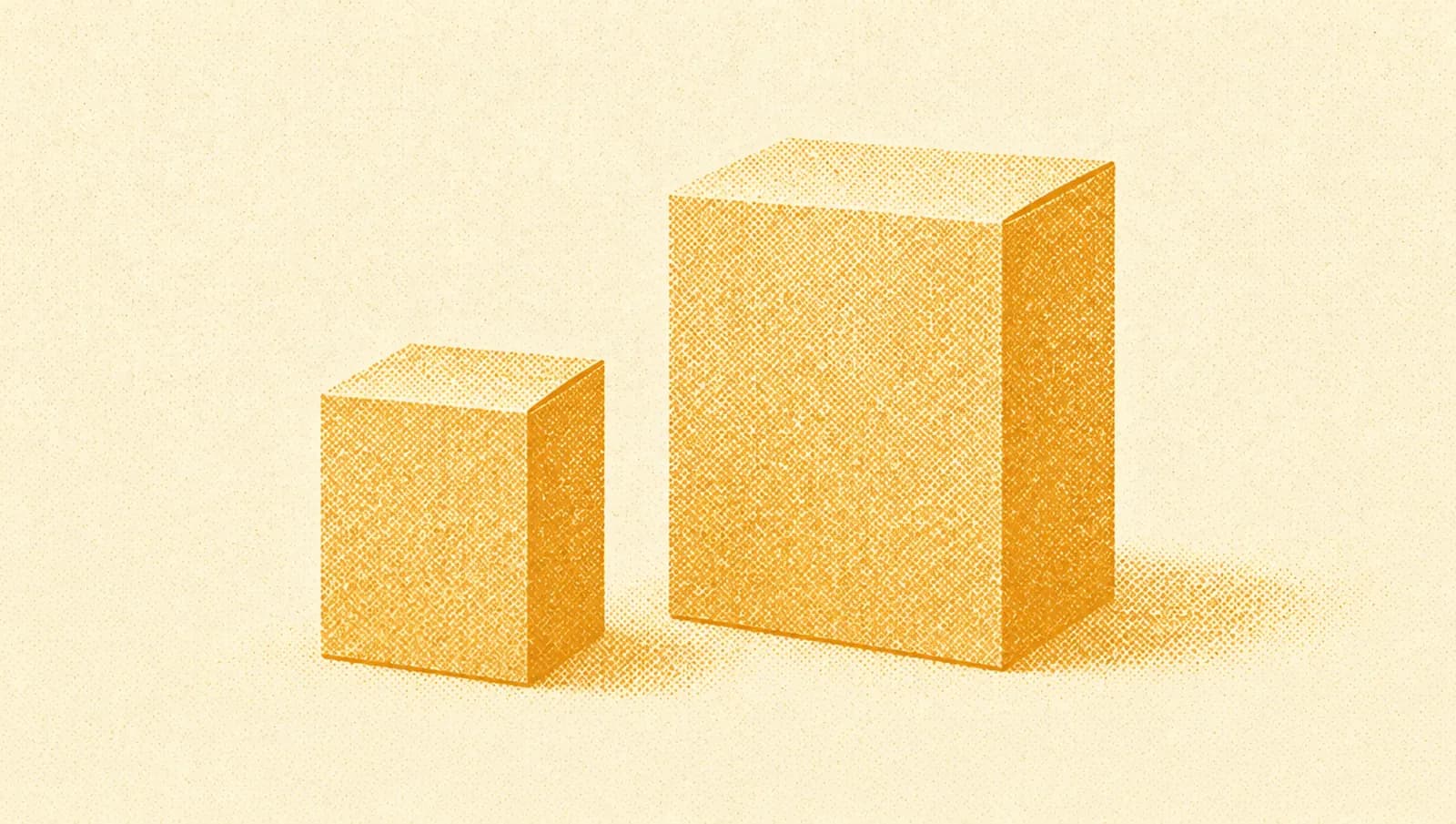 Ochre illustration: a small trial-size box standing next to a full-size box of the same shape.