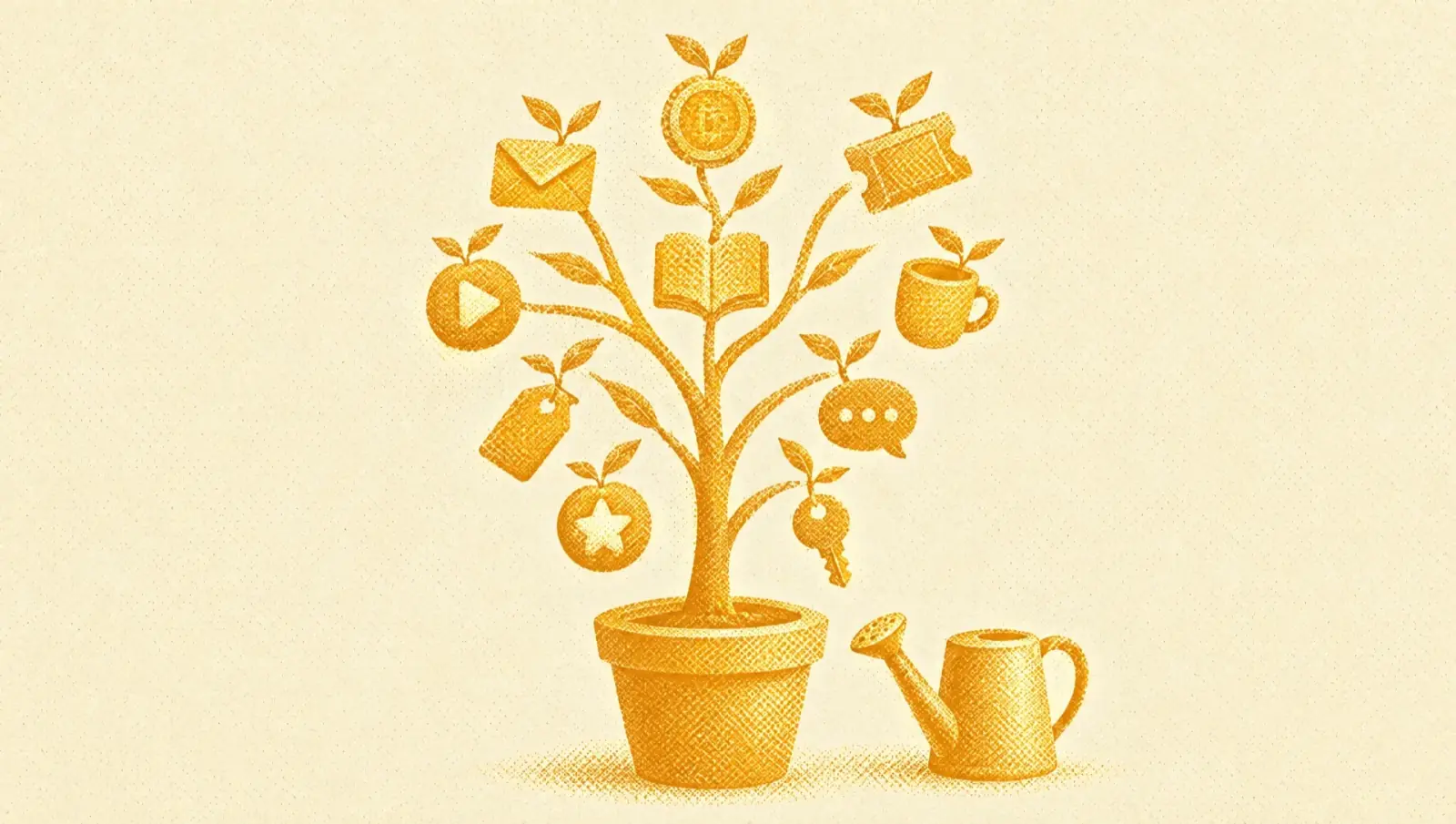 Illustrazione in toni ocra: un alberello in vaso con dieci rami, ognuno con un frutto diverso: moneta, busta, biglietto, tasto play, libro, tazza, cartellino, nuvoletta, stella e chiave.