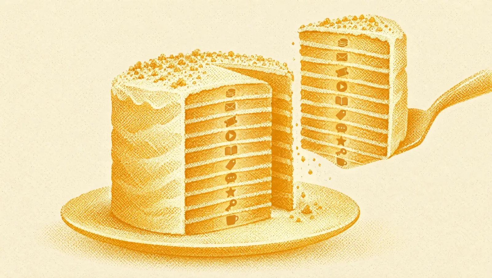 Illustrazione in toni ocra: una torta a dieci strati, ognuno con una piccola icona diversa, da cui una fetta viene sollevata.