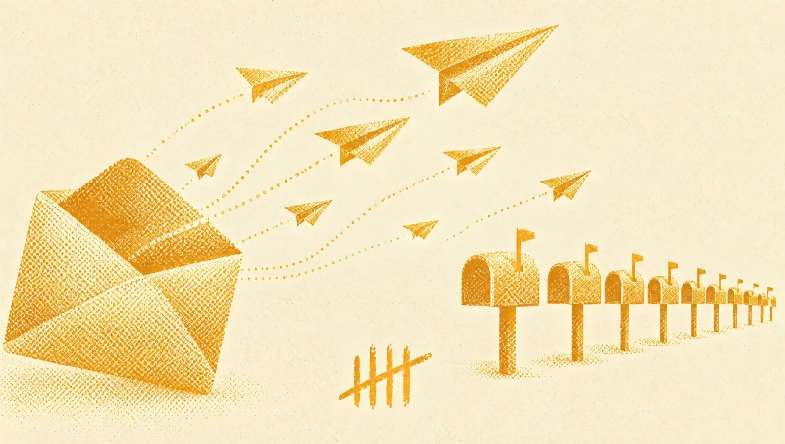 Ochre illustration: an open envelope from which paper planes fly toward a row of mailboxes with their flags raised, and a tally of marks at the bottom.