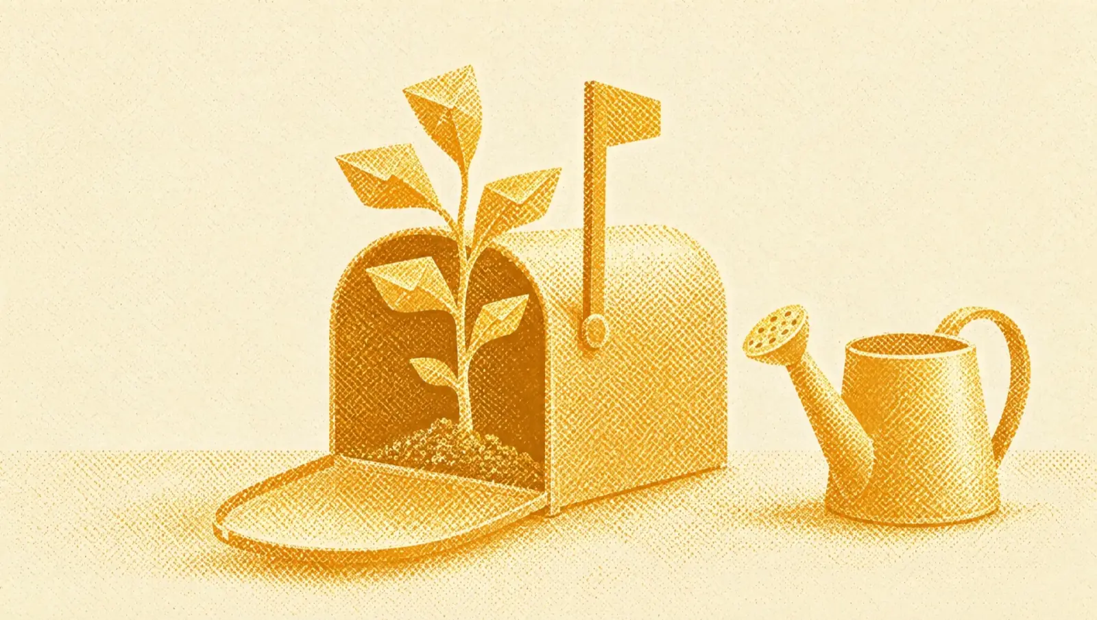 Ochre illustration: a sprout growing out of an open mailbox with its flag raised, its leaves shaped like small envelopes.
