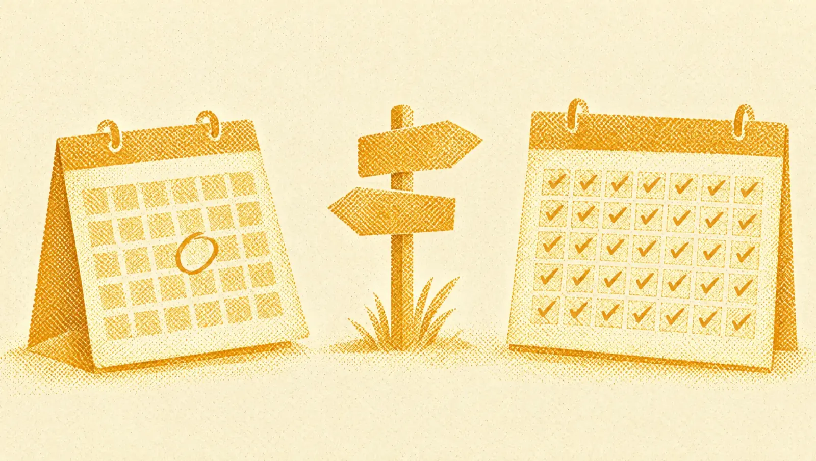 Ochre illustration: on the left a calendar page with a single day circled, on the right a month calendar with every day ticked, and a signpost with two arrows between them.