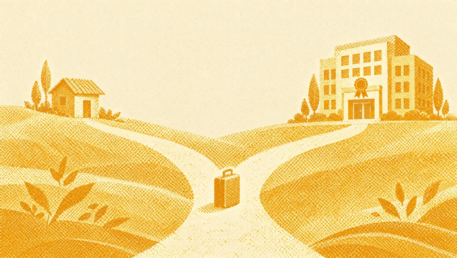 Ochre illustration: a fork on a cream surface, one path leading to a one-room hut, the other to a larger office with a stamp over its door, and a suitcase standing at the fork.
