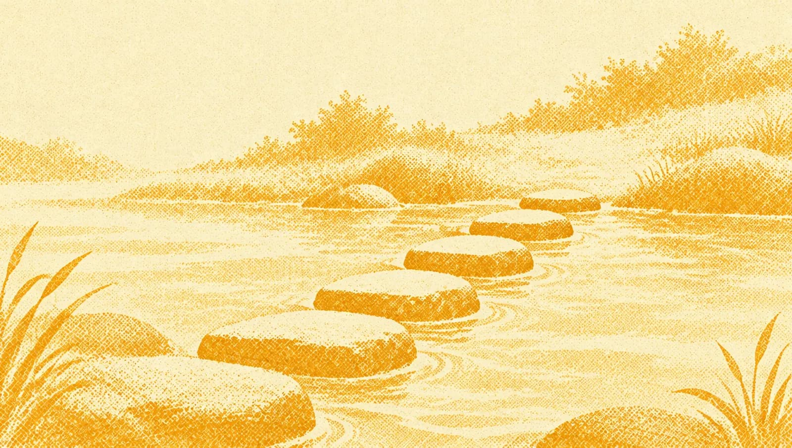 Ochre illustration: a line of flat stepping stones crossing a shallow stream toward the far bank.