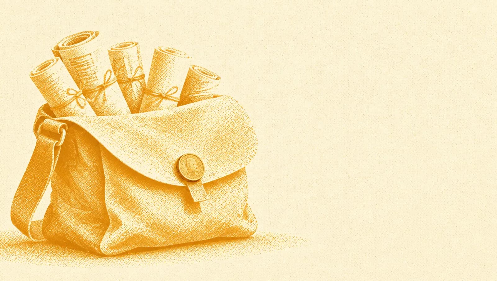 Illustrazione in toni ocra: una borsa di tela per le consegne piena di newsletter arrotolate e legate con lo spago, con una moneta sulla patta.