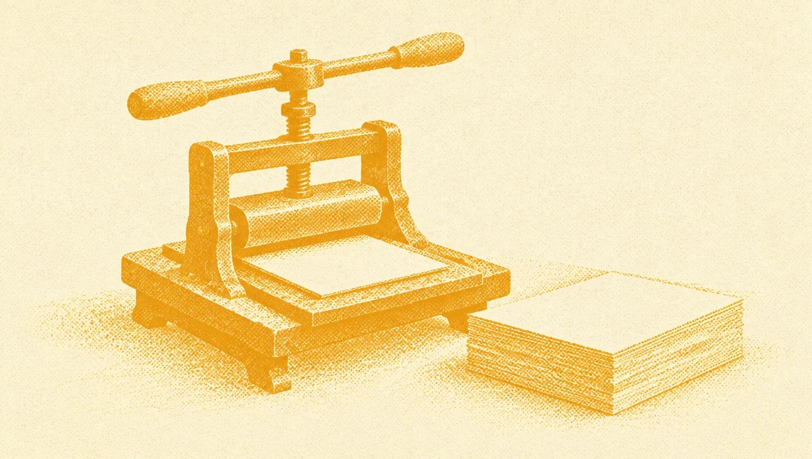 Illustrazione in toni ocra: una piccola macchina da stampa manuale con una pila ordinata di fogli stampati senza scritte accanto.