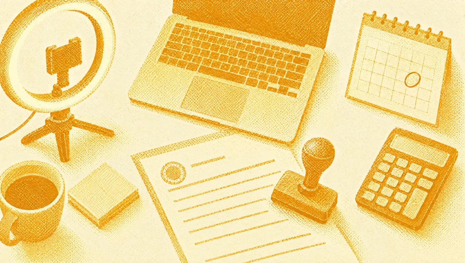 Illustrazione in toni ocra: una scrivania da creator vista dall'alto, con una ring light, un laptop, un grande timbro su un modulo, una calcolatrice e un calendario con una data cerchiata.