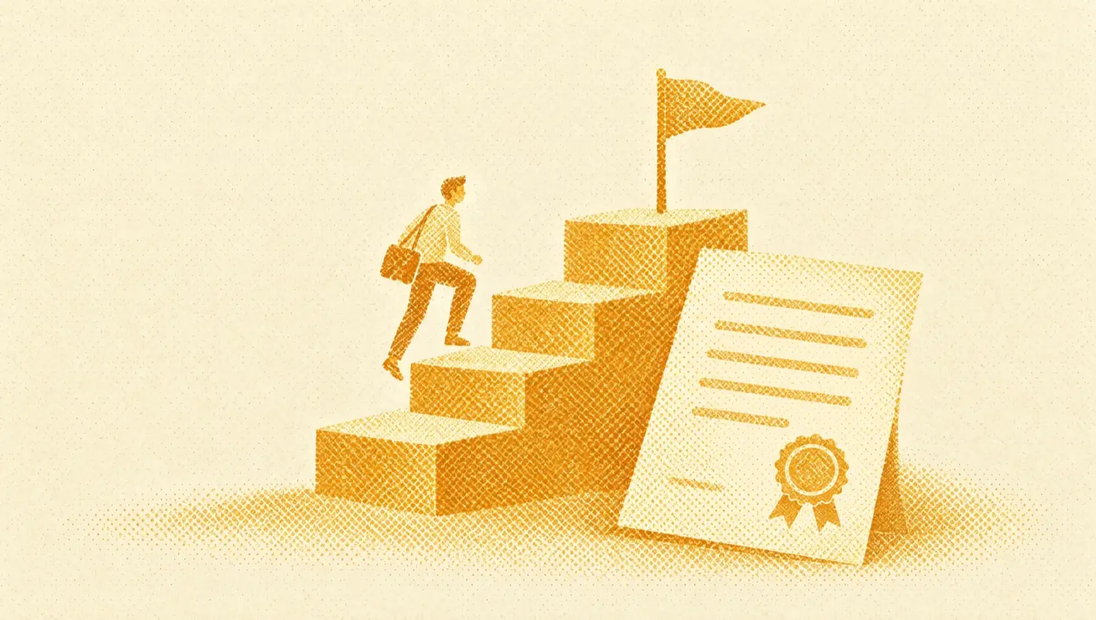 Illustrazione in toni ocra: una scala di quattro gradini con una bandiera in cima e una figurina con una borsa per il laptop che sale, accanto a un modulo con un timbro.