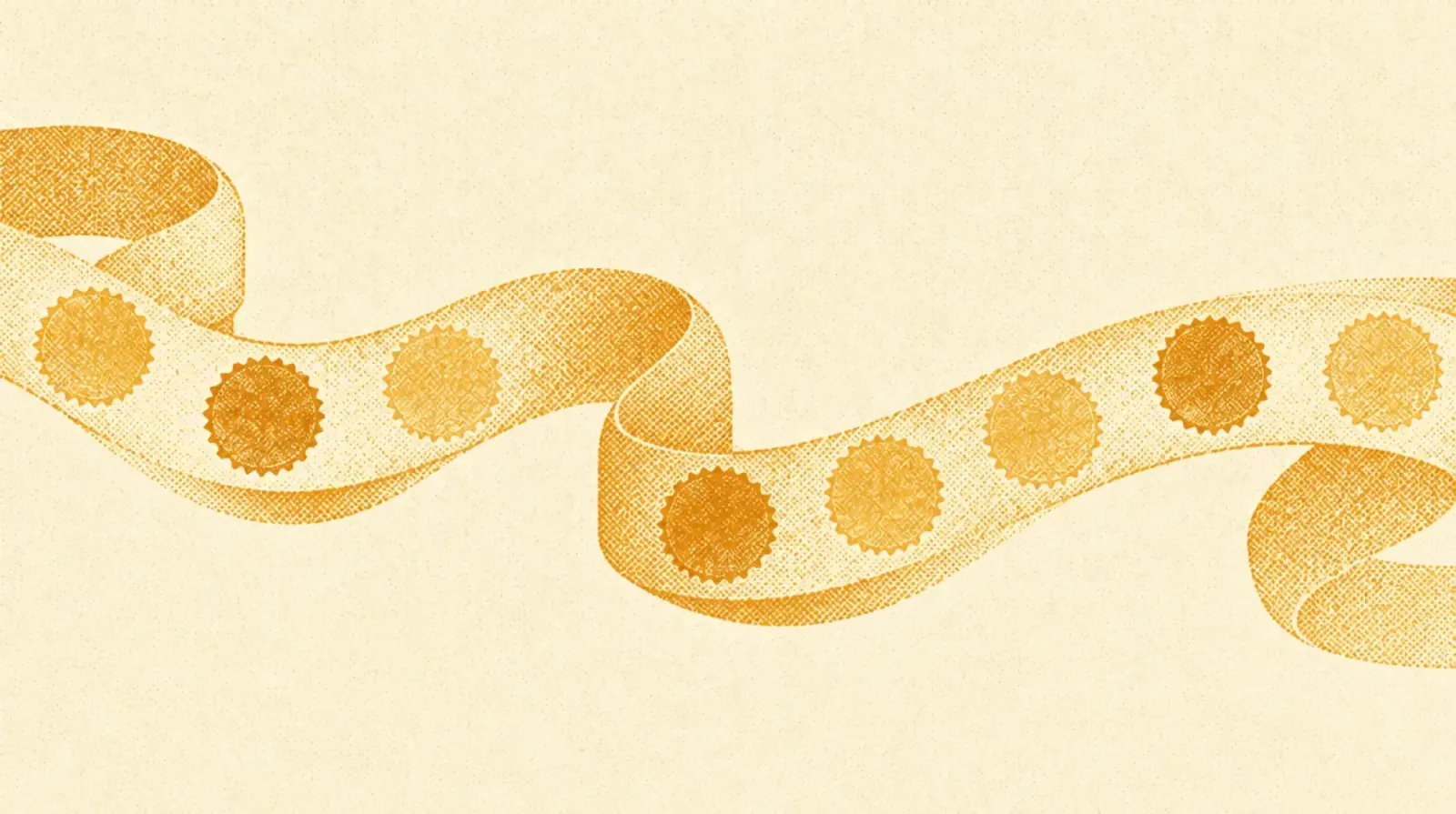Illustrazione in toni ocra: un lungo nastro ondulato attraversa l'immagine con una fila di timbri rotondi identici di tonalità leggermente diversa.