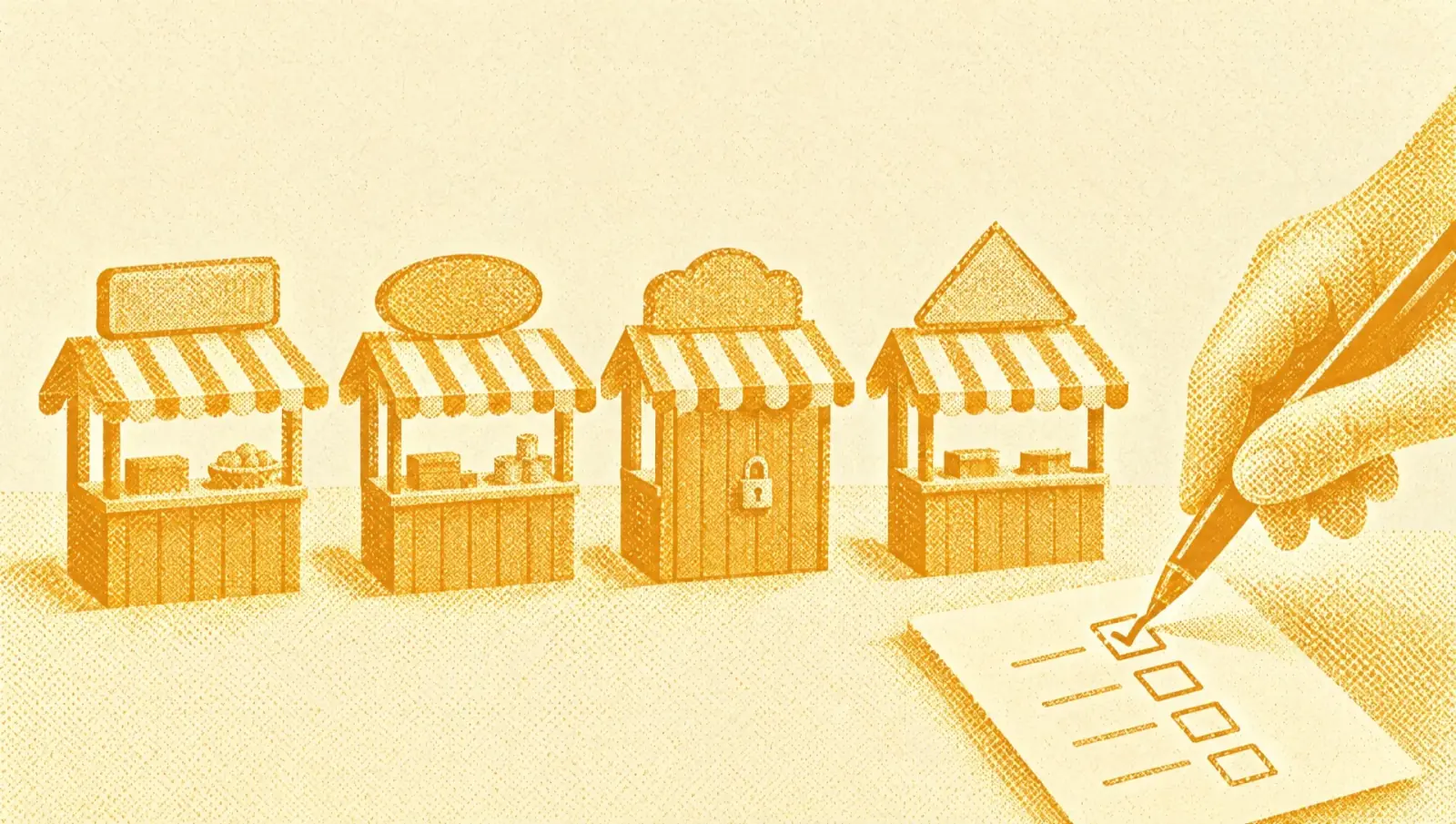 Ochre illustration: four market stalls with striped awnings in a row, one with a padlock on its door, and a hand ticking a checklist.