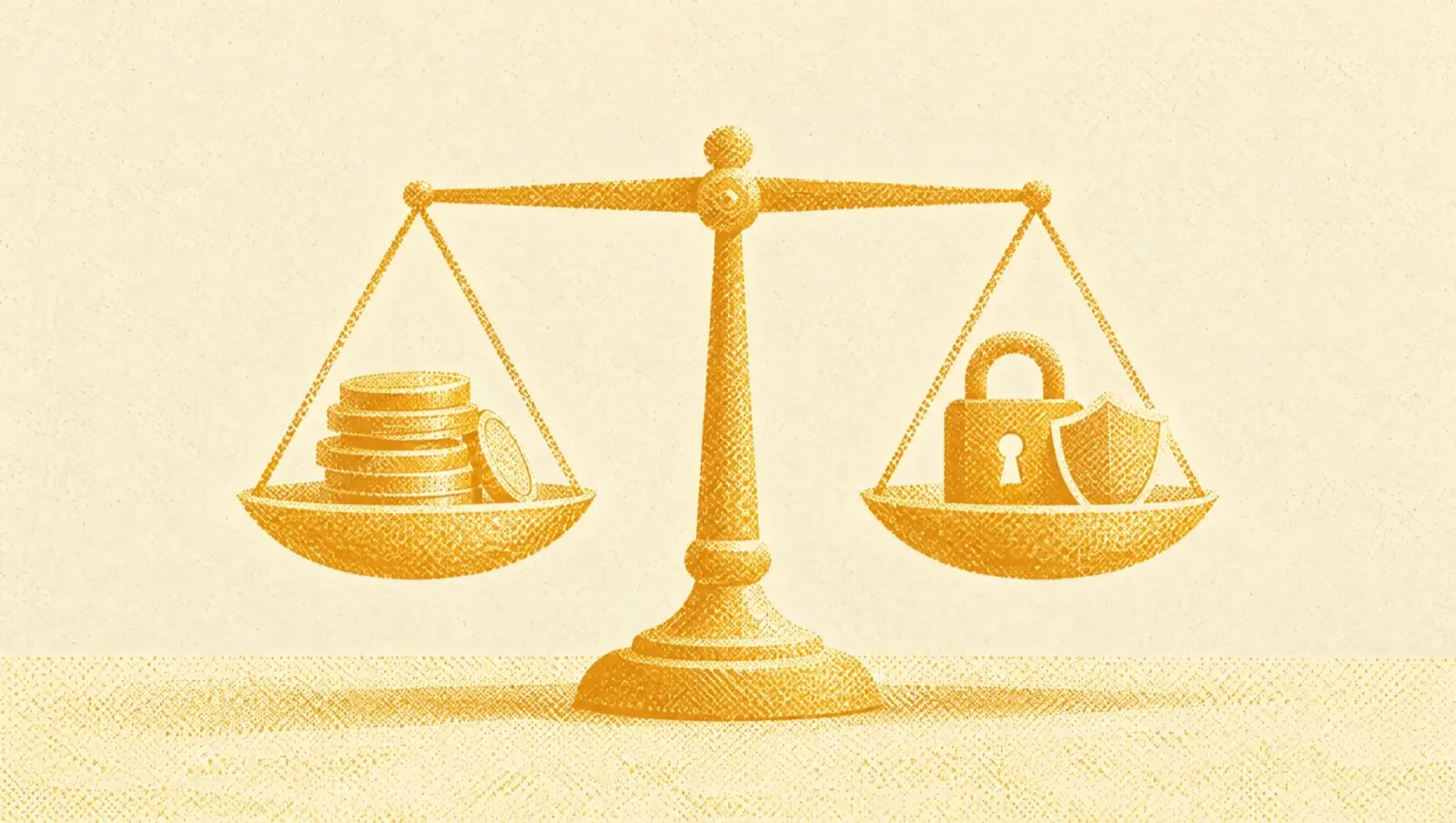 Ochre illustration: a balance scale with coins on one pan and a padlock with a shield on the other.