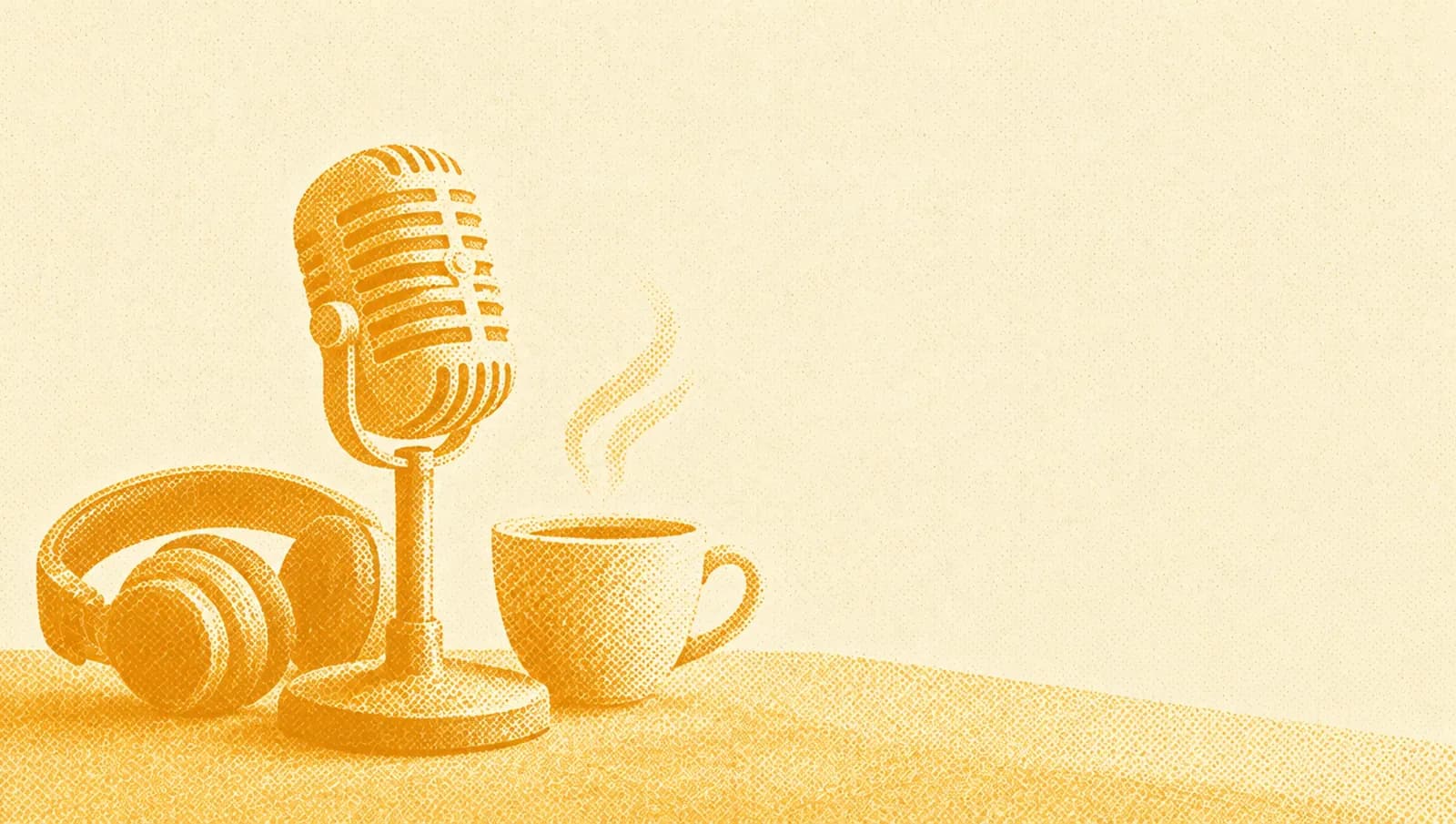 Ochre illustration: a vintage studio microphone on a desk with a pair of headphones and a steaming cup beside it.
