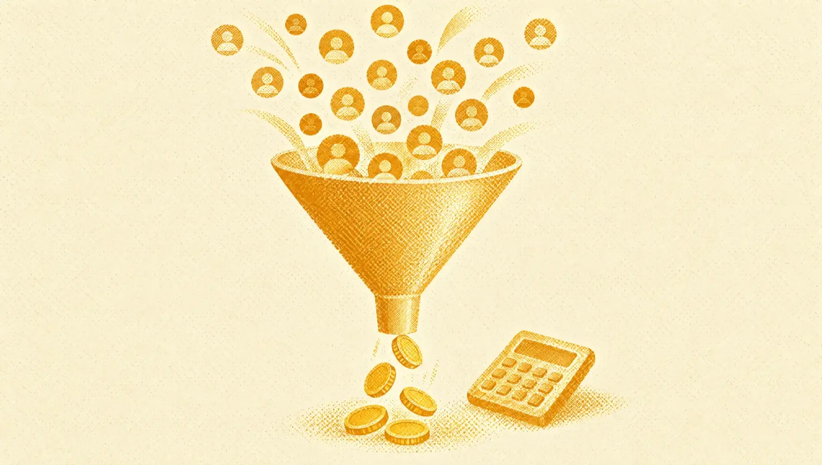Illustrazione in toni ocra: un imbuto con tante figure rotonde in alto e poche monete che escono dal fondo, accanto a una piccola calcolatrice.
