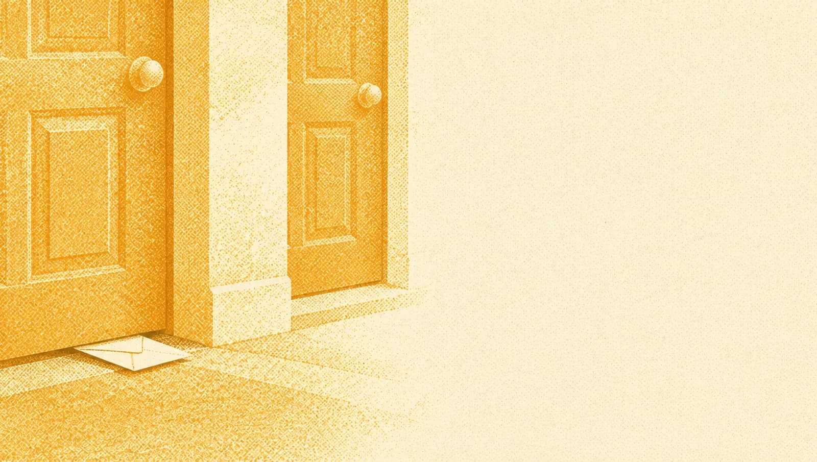 Illustrazione in toni ocra: due porte d'ingresso vicine con una busta infilata a metà sotto una delle due.