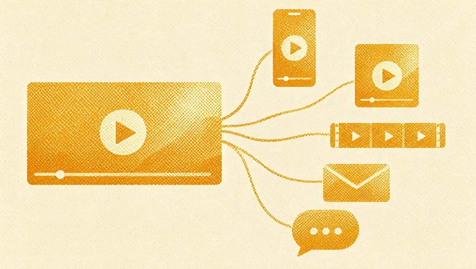Ochre illustration: one large video frame on the left branching into five smaller formats: a vertical phone screen, a square post, a short clip, an envelope and a speech bubble.