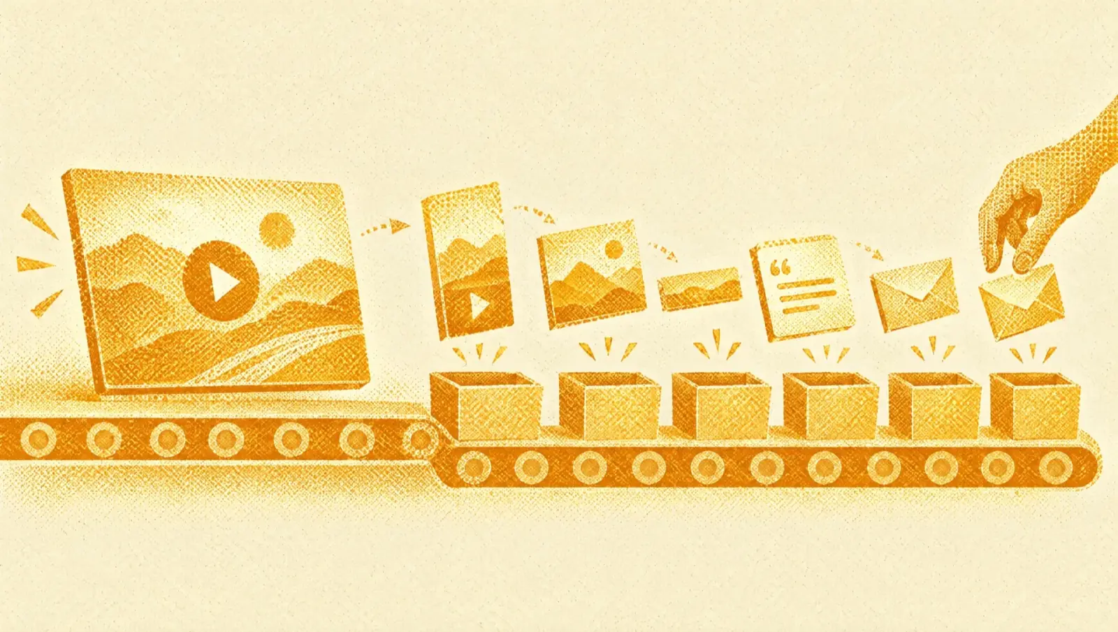Ochre illustration: a conveyor belt on which one large video frame comes out on the right as many pieces: a vertical clip, a square image, a short strip, a quote and an envelope.