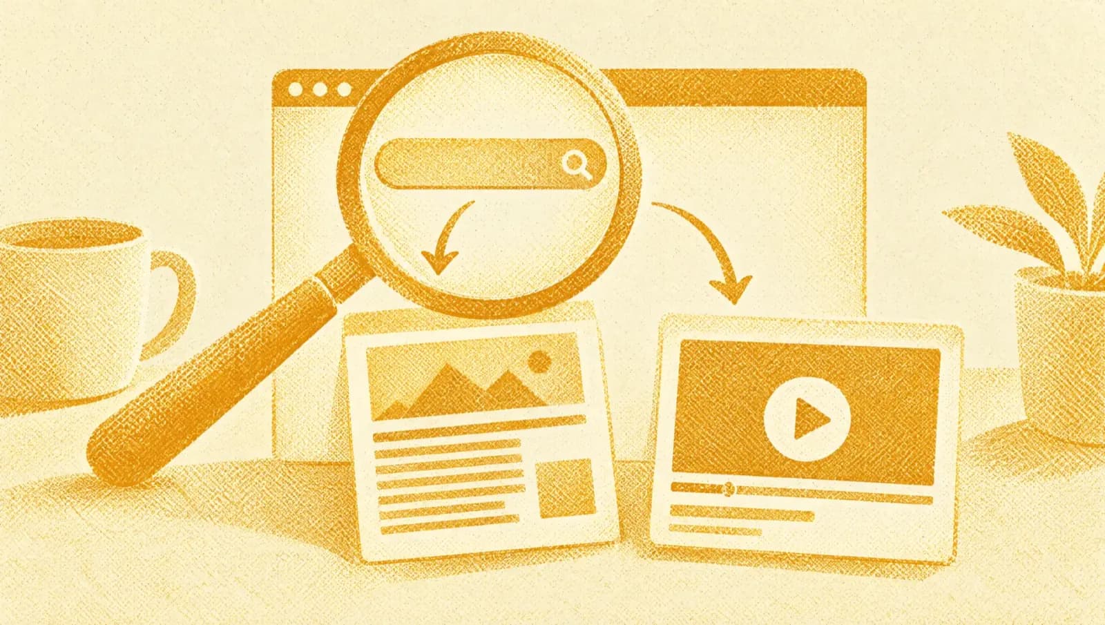 Ochre illustration: a large magnifying glass over a browser window; from a search bar, arrows lead to a page of text blocks and to a video thumbnail with a play button.