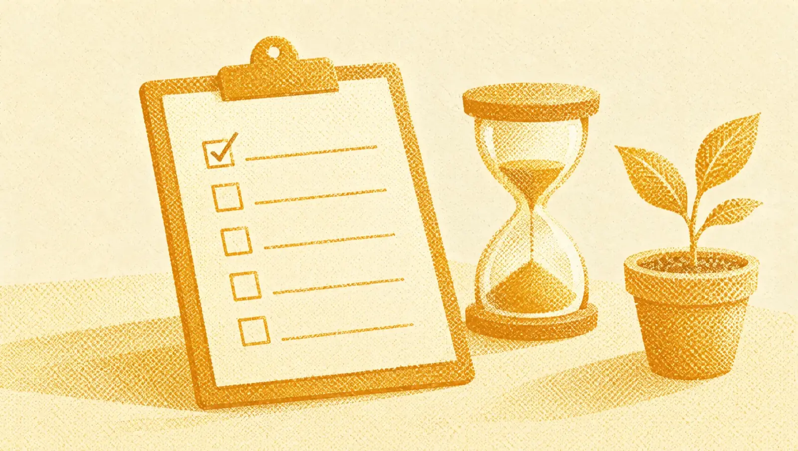 Ochre illustration: a clipboard with a list of empty lines and tick boxes, one ticked, next to an hourglass and a small potted seedling.