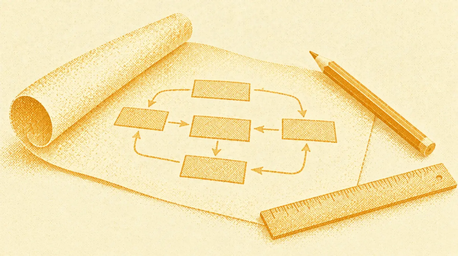 Ochre illustration: a partly unrolled blueprint with simple boxes joined by arrows, next to a pencil and a ruler.