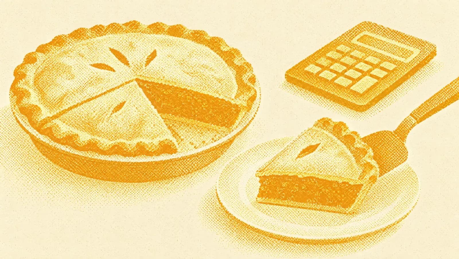 Illustrazione in toni ocra: una torta tonda divisa in tre fette con una fetta sollevata da una spatola su un piattino, e una calcolatrice accanto.