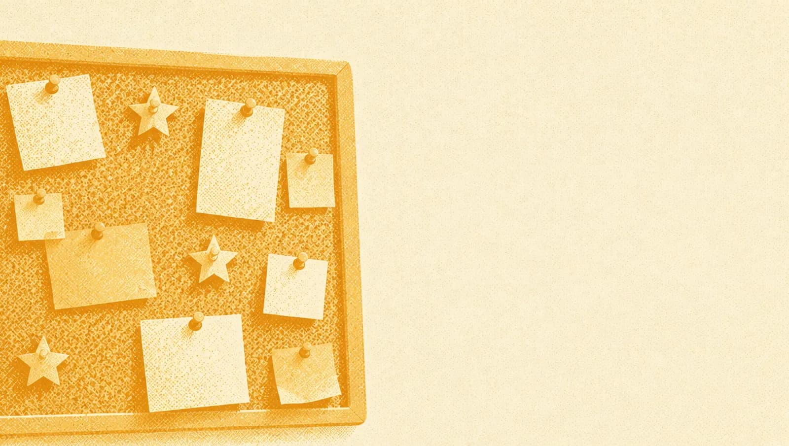 Ochre illustration: a corkboard on a wall covered with small paper notes and a few paper stars held by pushpins.
