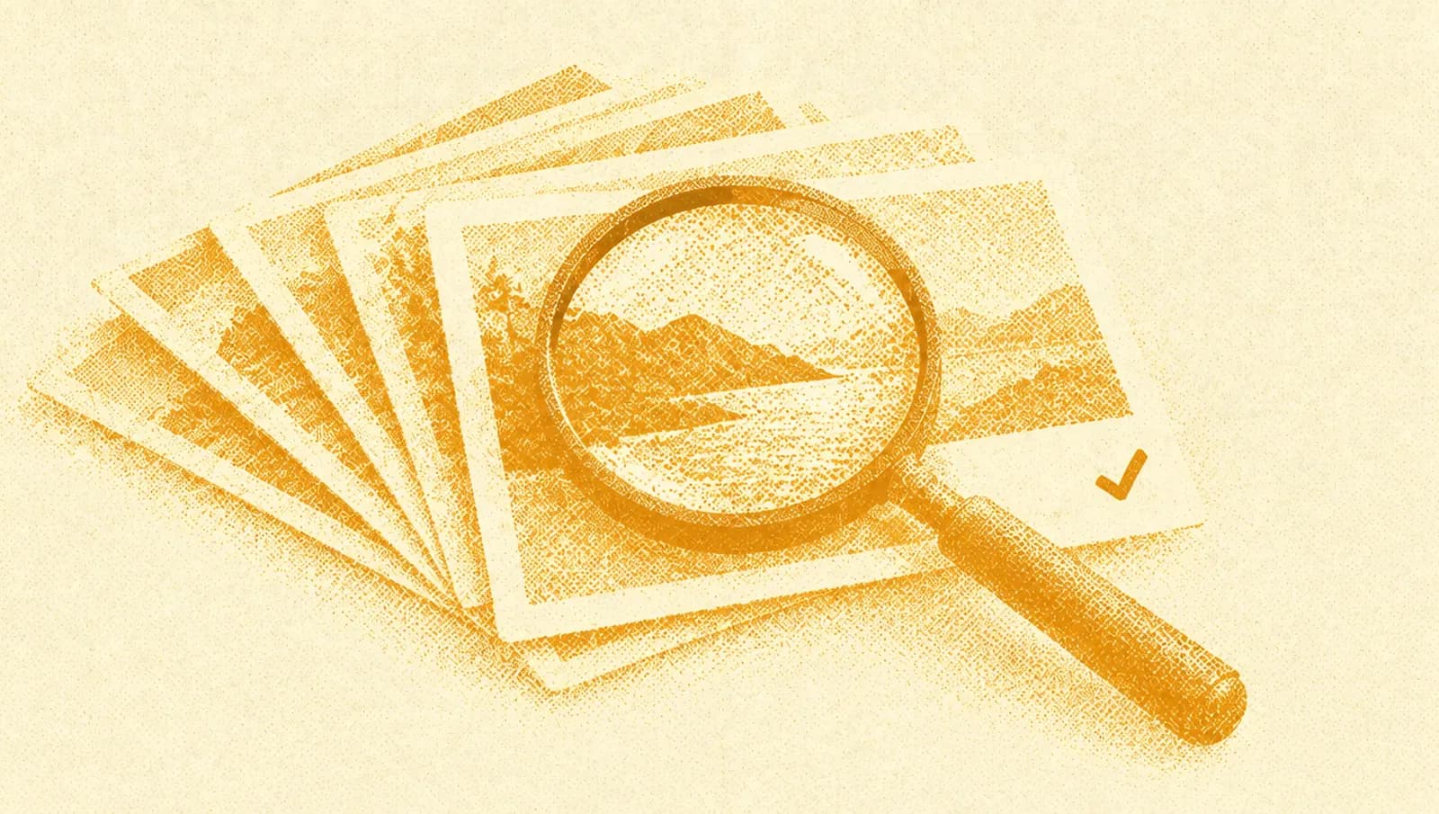 Ochre illustration: a magnifying glass resting on a fanned stack of postcards, one marked with a small tick.