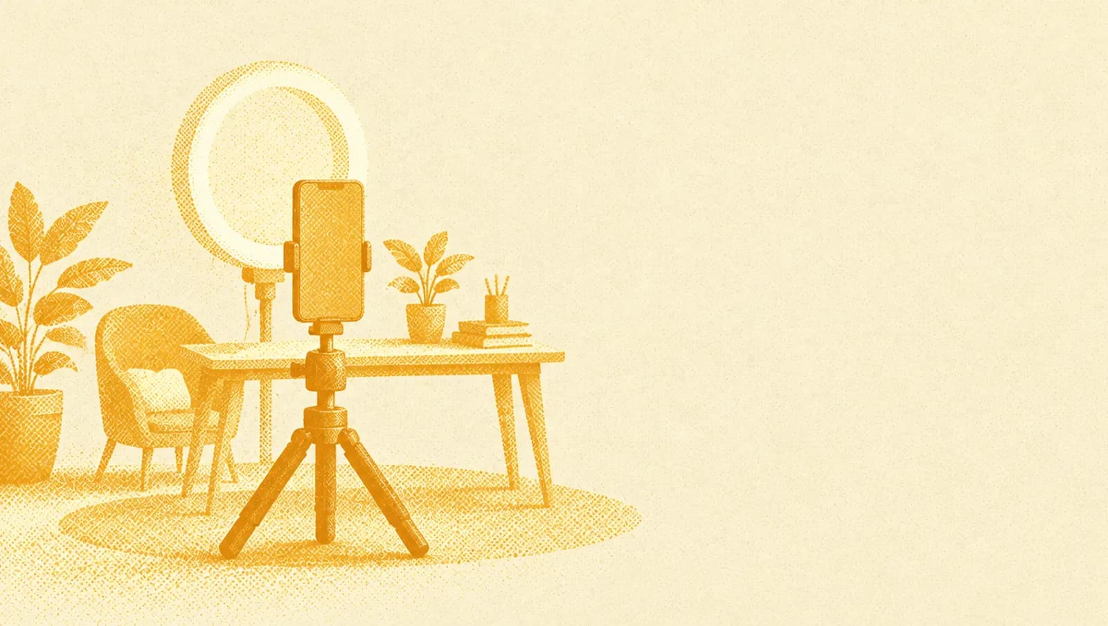 Ochre illustration: a phone mounted vertically on a small tripod facing a tiny desk set up like a stage, with a ring light behind it.
