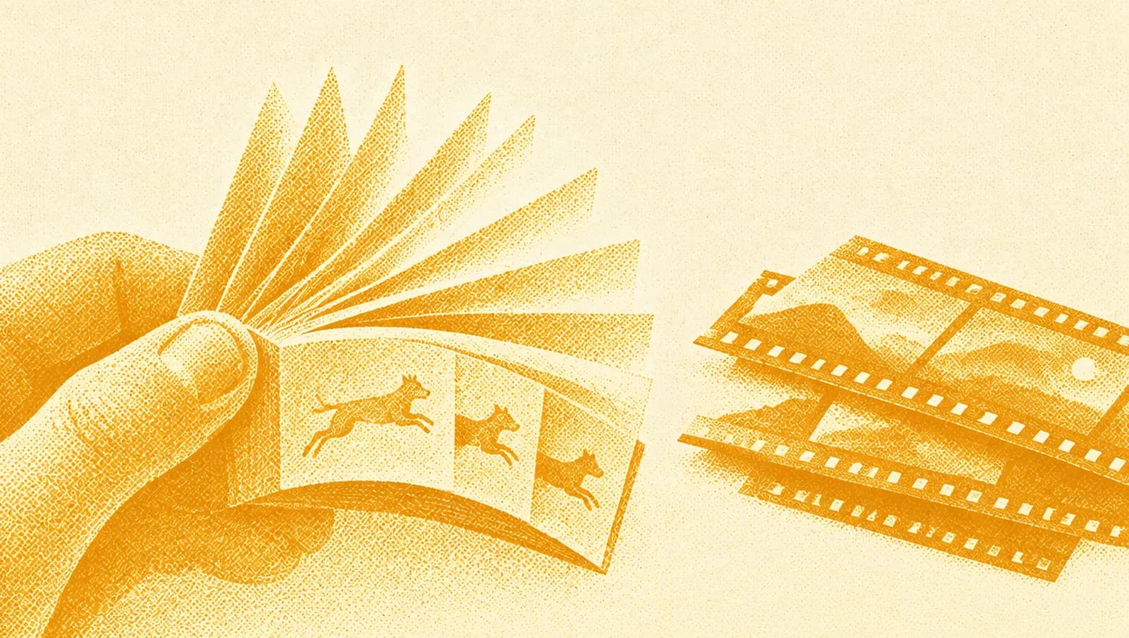 Ochre illustration: a small flip book being thumbed open, pages fanning, beside a stack of short film strips.