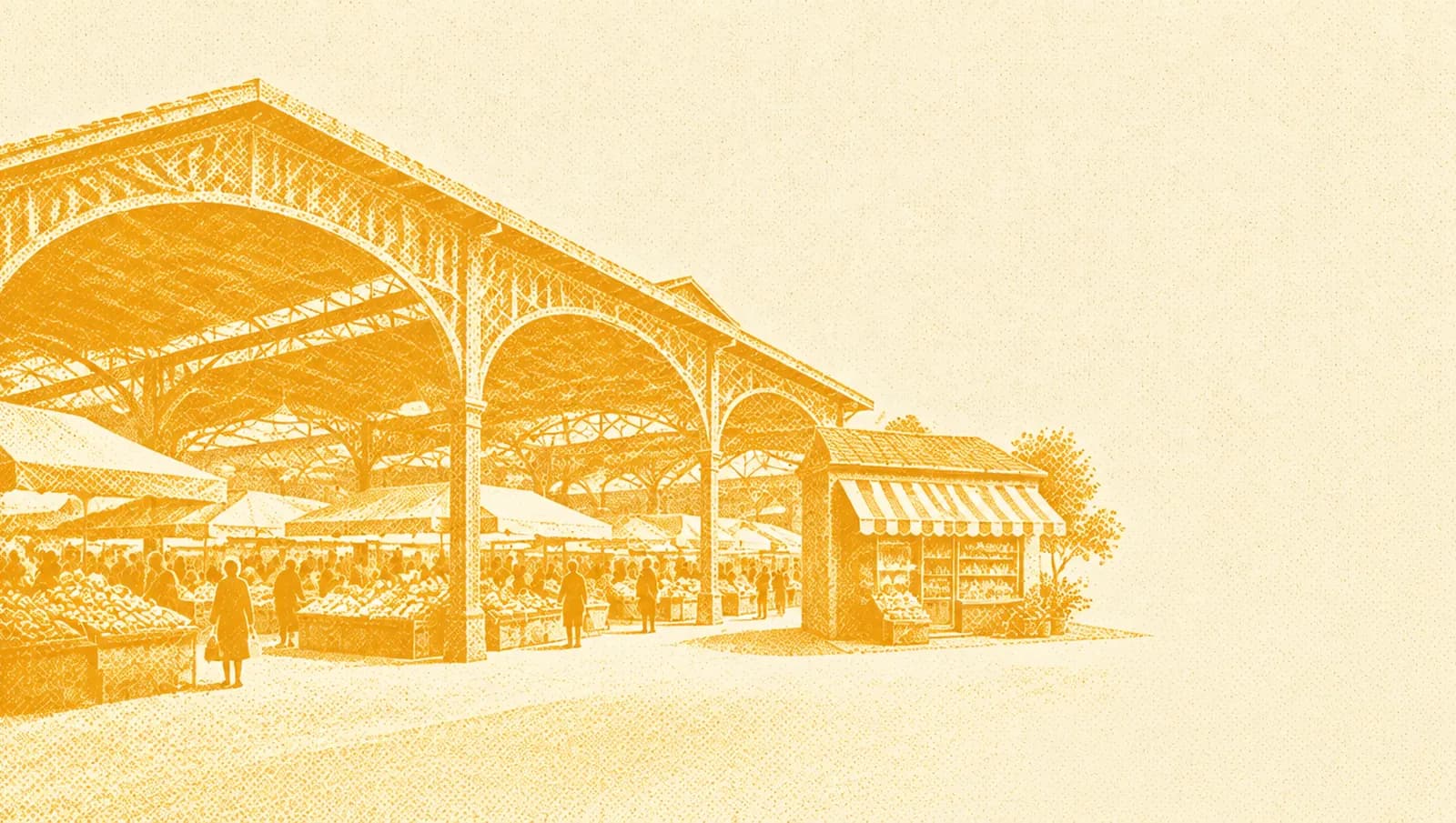 Ochre illustration: a large covered market hall with many stalls and, outside it, a single small independent shop with its own awning.