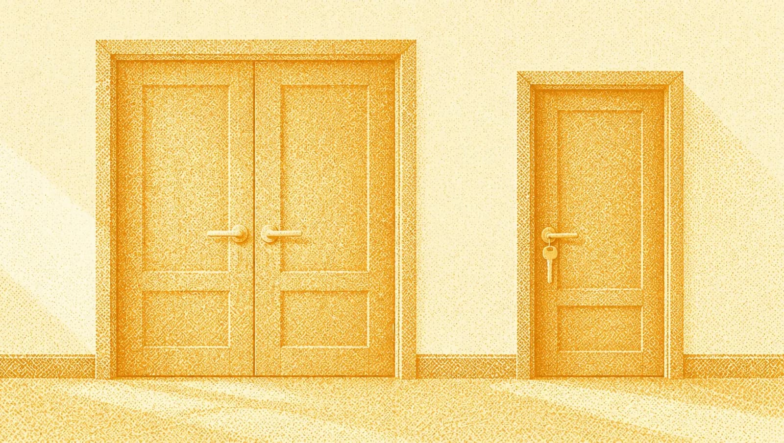 Ochre illustration: two doors side by side in a wall, one wide double door and one small private door with a key in the lock.