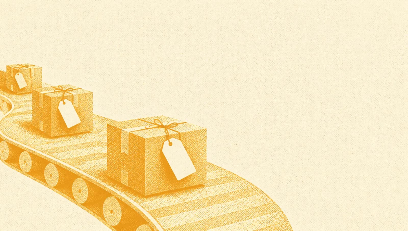 Illustrazione in toni ocra: alcuni piccoli pacchi su un nastro trasportatore, ognuno con un'etichetta da bagaglio bianca legata.