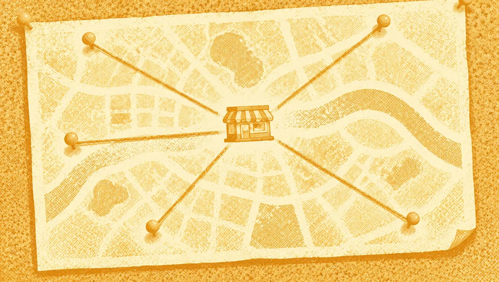 Illustrazione in toni ocra: una mappa appesa a una bacheca di sughero con fili che partono da diverse puntine e arrivano a un unico piccolo negozio disegnato.
