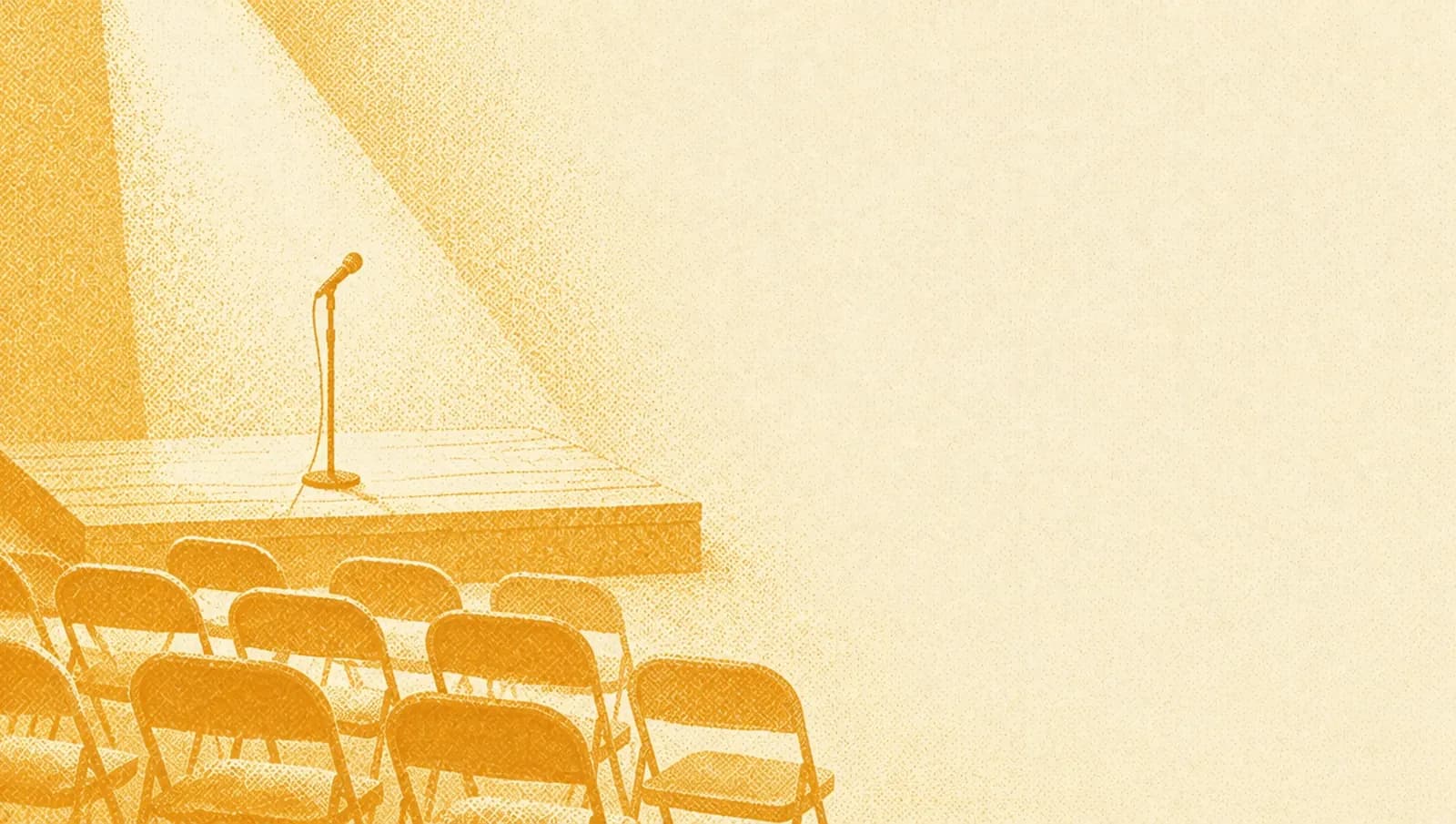 Illustrazione in toni ocra: un piccolo palco di legno con un microfono su un'asta sotto un faretto e alcune file di sedie pieghevoli vuote rivolte verso di esso.