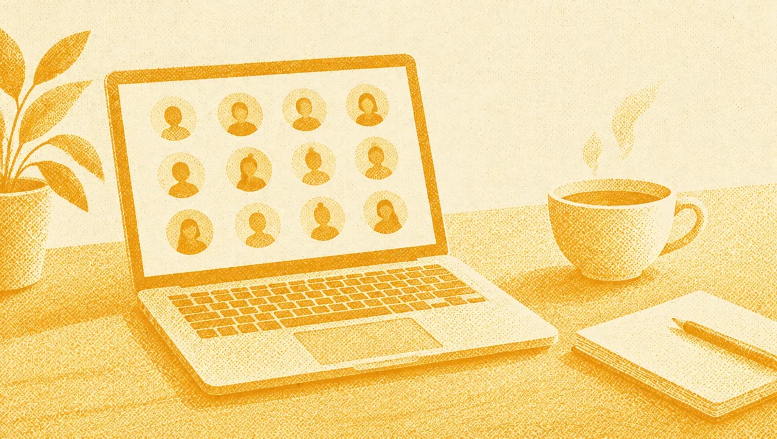Illustrazione in toni ocra: un laptop aperto su una scrivania con lo schermo che mostra una griglia di piccole sagome rotonde, accanto a una tazza di tè e a un blocco note.