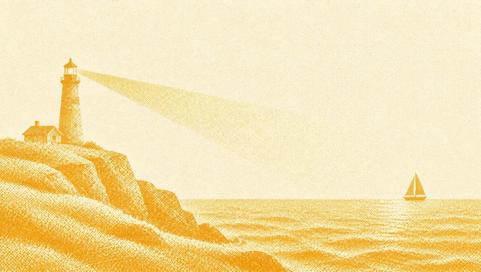 Ochre illustration: a lighthouse on a cliff sending a warm beam toward a small sailing boat far out at sea.