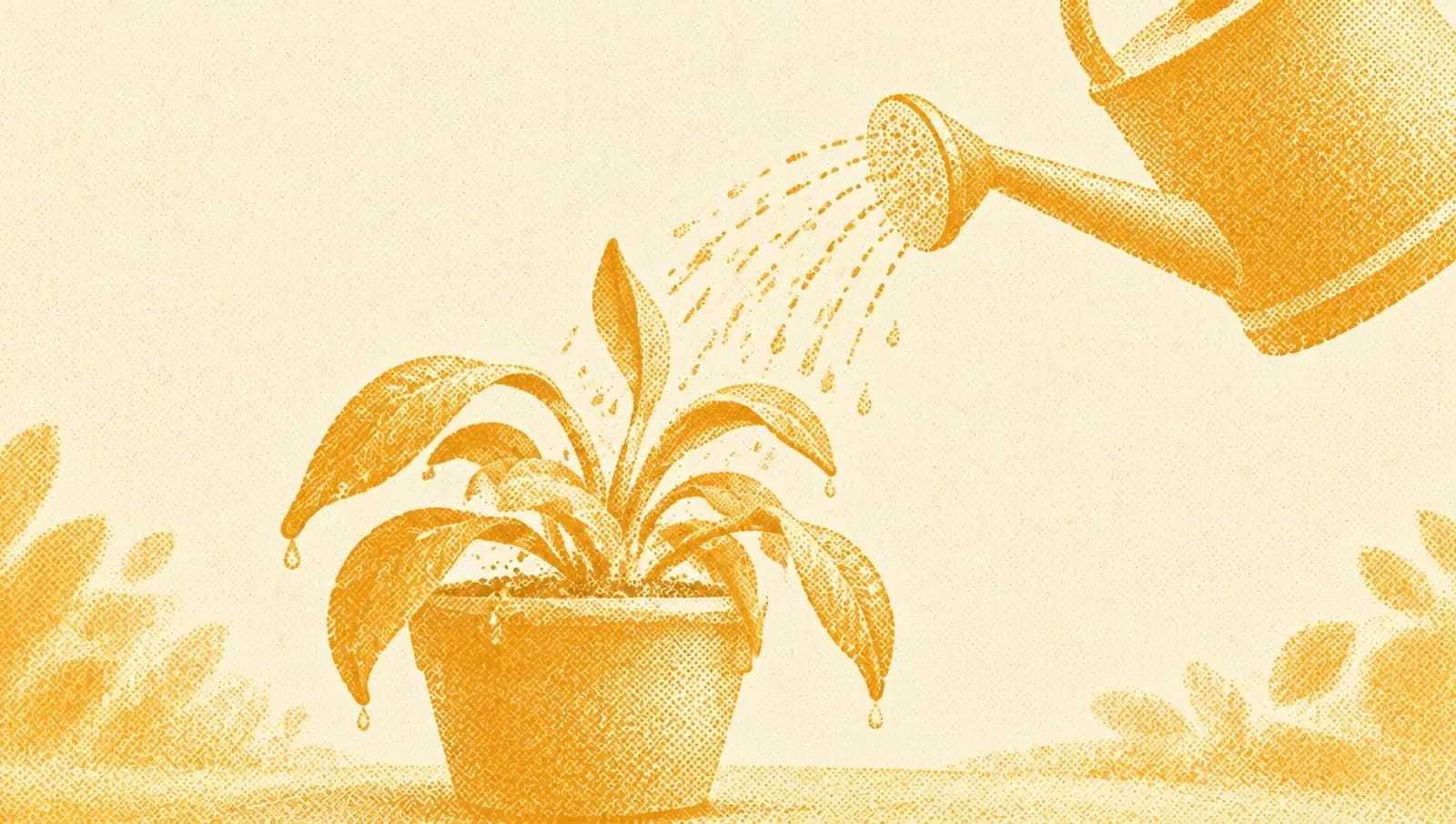 Ochre illustration: a garden watering can pouring water onto a drooping potted plant that is starting to lift its leaves.